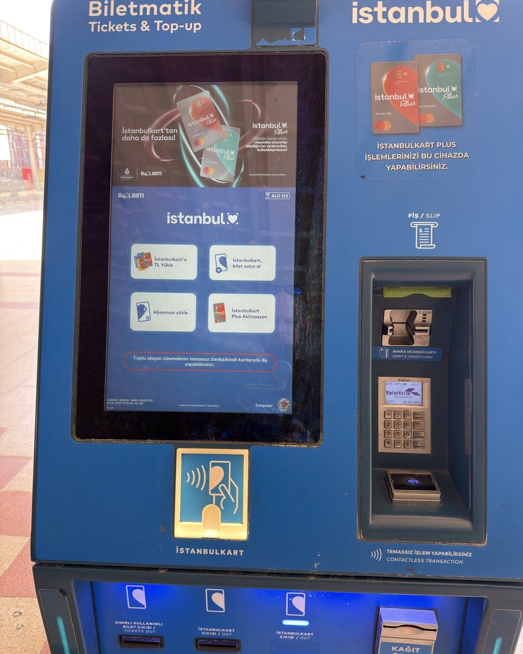 A blue Biletmatik ticket machine selling and topping up Istanbulkart