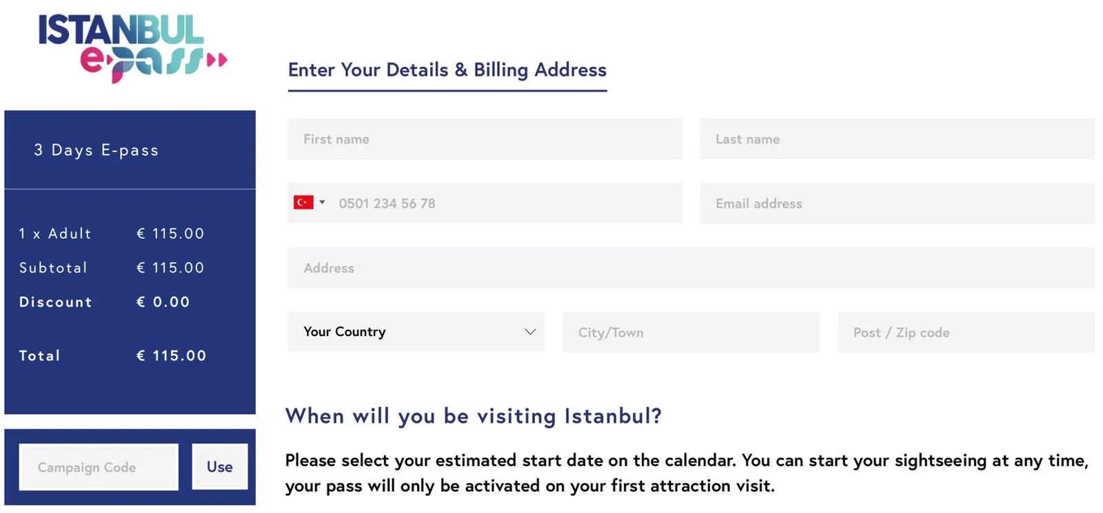 Istanbul E-pass Order Form