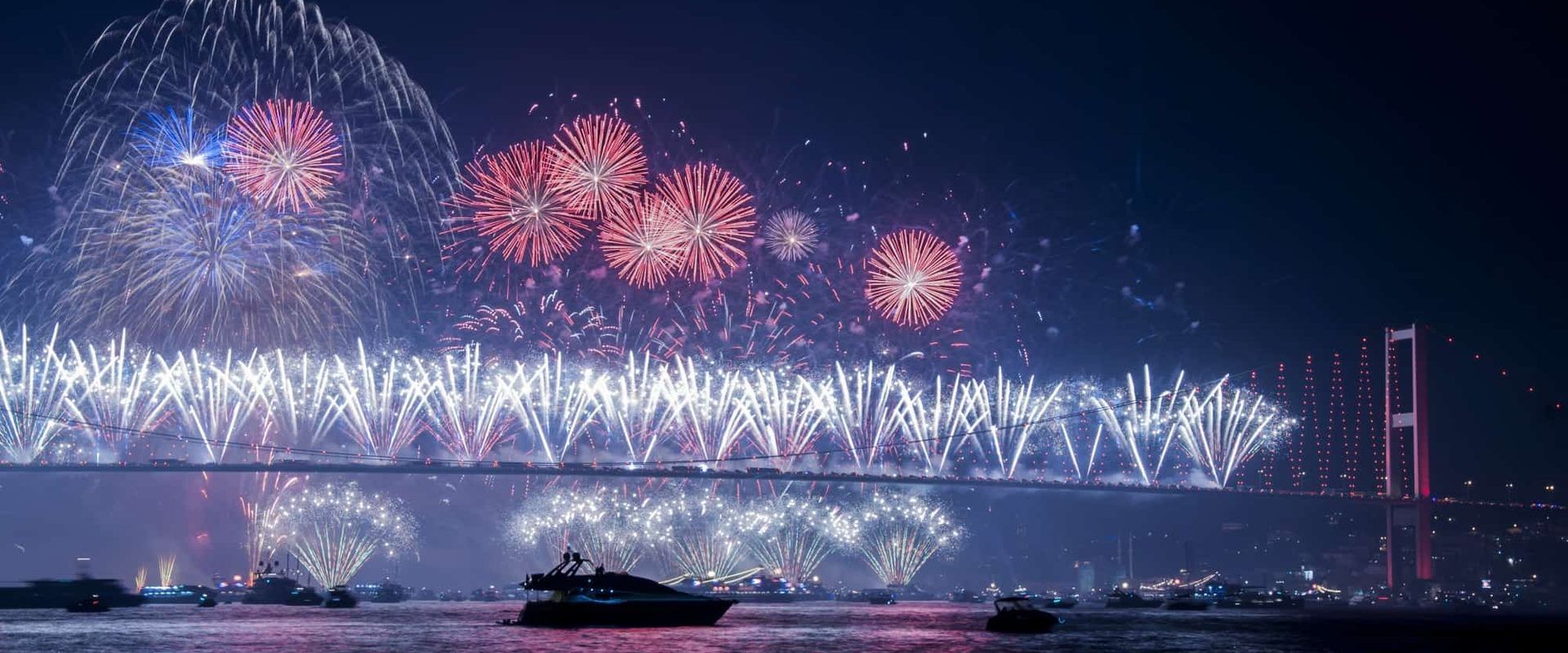 Picture of fireworks on Bosphorus during New Year in Istanbul.