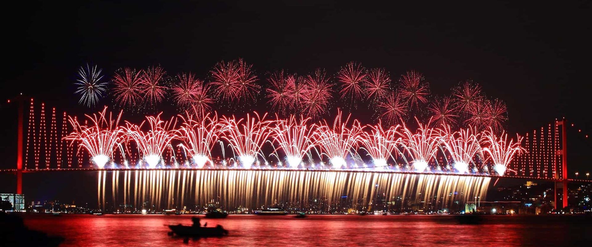 Picture of fireworks from the Bosphorus bridge during a public holiday in Istanbul.