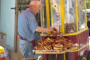 Picture of simit and açma on seller in Istanbul, Turkey.