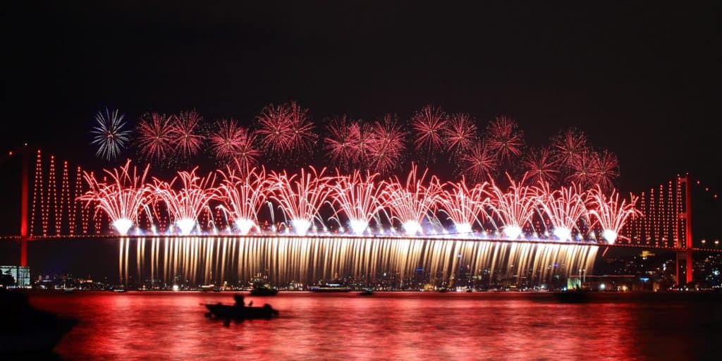 Picture of fireworks from the Bosphorus bridge during a public holiday in Istanbul.