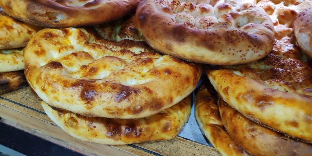 Picture of freshly-baked Ramazan pidesi in Istanbul, Turkey.
