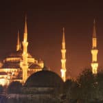 Picture of the Blue Mosque by night in Istanbul, Turkey.