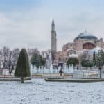 Istanbul in winter with snow covered Hagia Sophia.