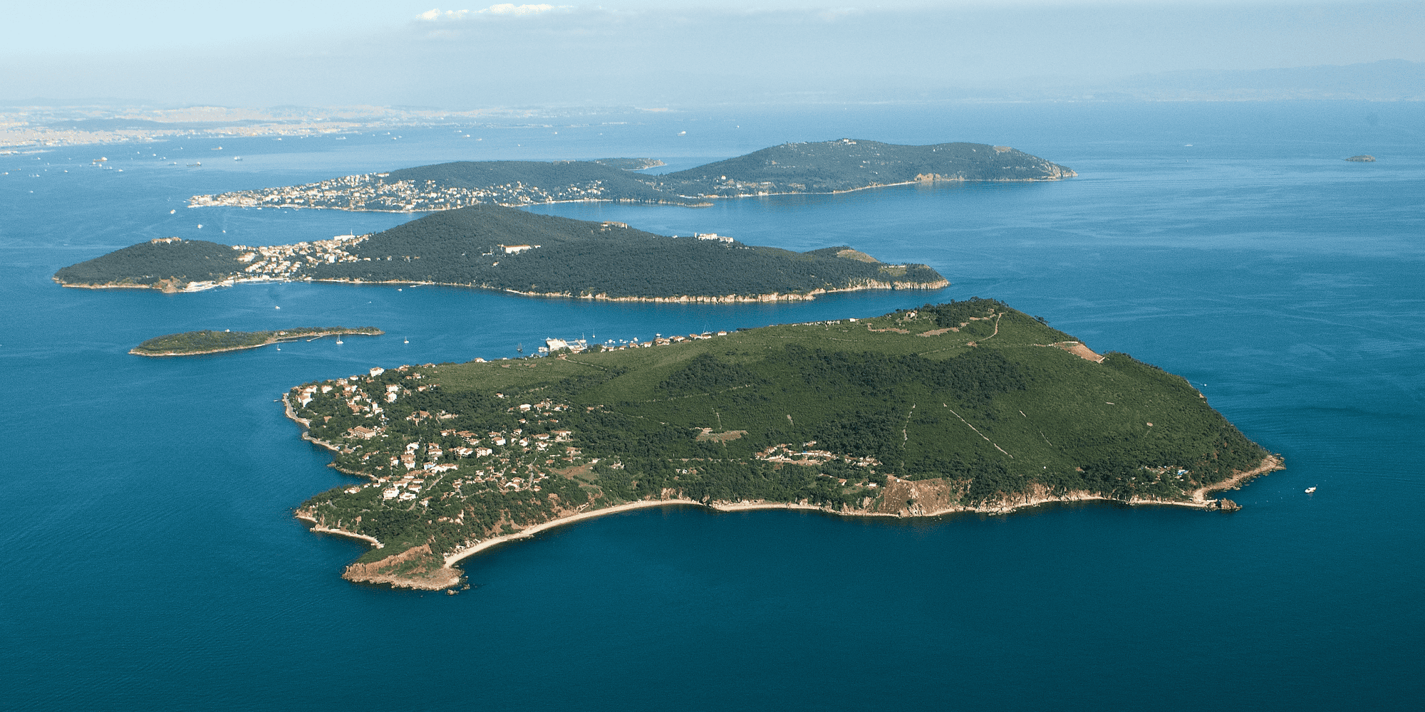 Aerial shot of the Princes'Islands (Burgaz, Kasik, Heybeli, and Buyuk)